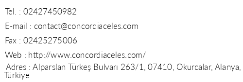 Concordia Celes Otel telefon numaralar, faks, e-mail, posta adresi ve iletiim bilgileri